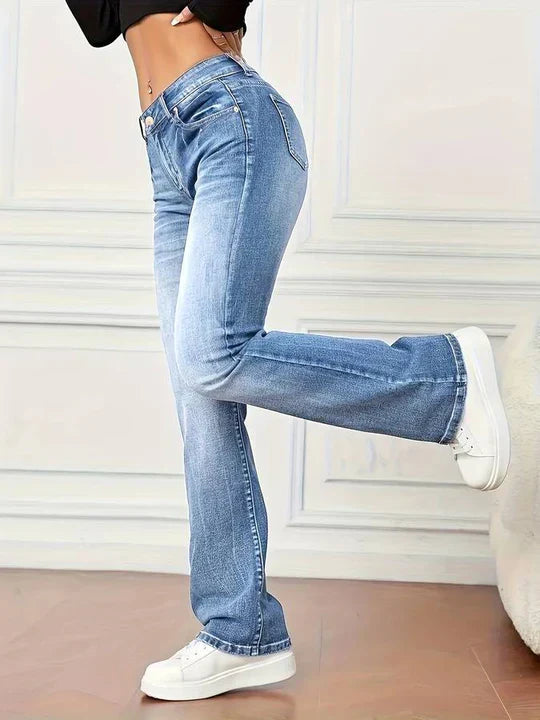 Utsvingte jeans med vintage-look og stretch